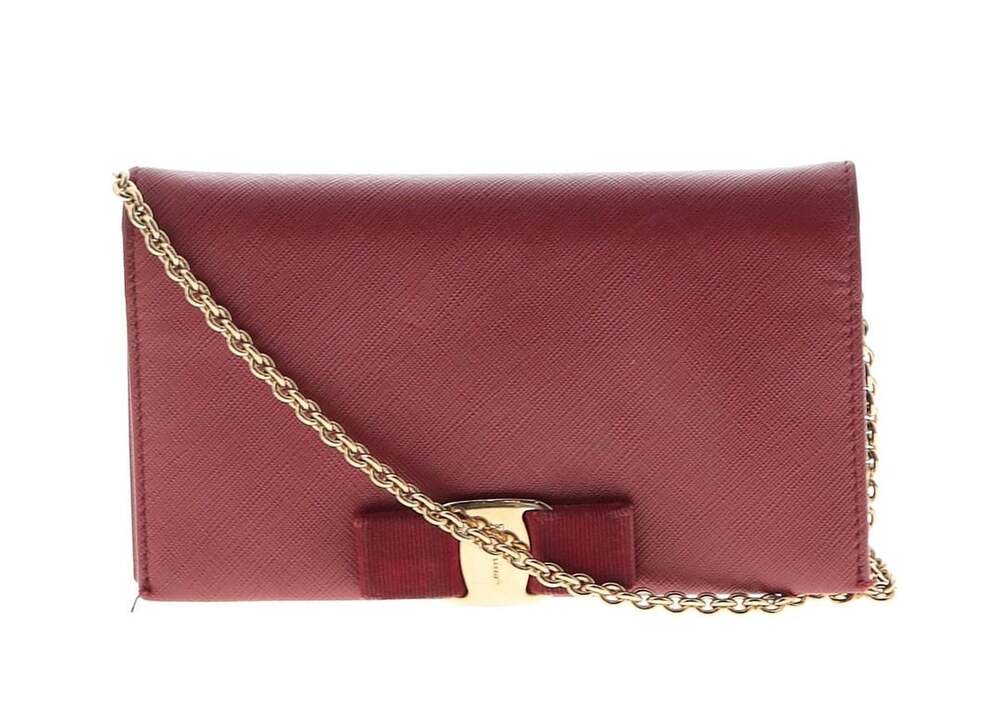 Salvatore Ferragamo Vara Chain Wallet Crossbody Bag Burgundy Red Saffiano